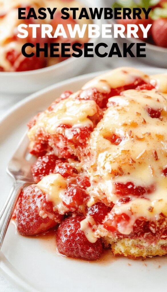 A delicious, layered strawberry cheesecake dump cake topped with fresh strawberries and whipped cream, served in a glass dish.