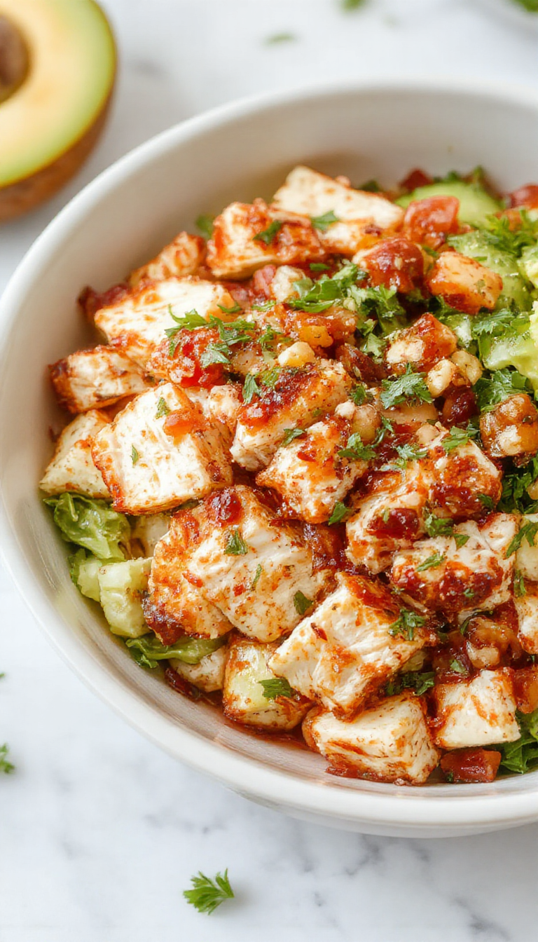 A vibrant bowl of Easy Zesty Southwest Chicken Salad with grilled chicken, corn, black beans, fresh vegetables, and a zesty dressing, garnished with cilantro and lime wedges.