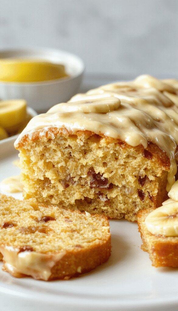 A slice of moist banana cake topped with sliced bananas and a dusting of powdered sugar, placed on a rustic wooden plate.