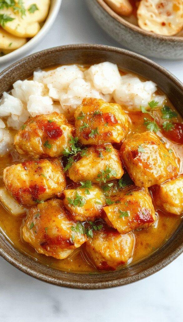 A vibrant plate of homemade butter chicken garnished with fresh coriander, served with naan bread and basmati rice.