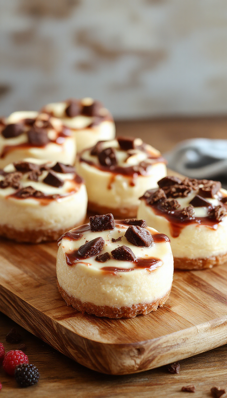 An elegant mini cheesecake board featuring assorted miniature cheesecakes with toppings like fruits and chocolates arranged beautifully on a wooden platter.