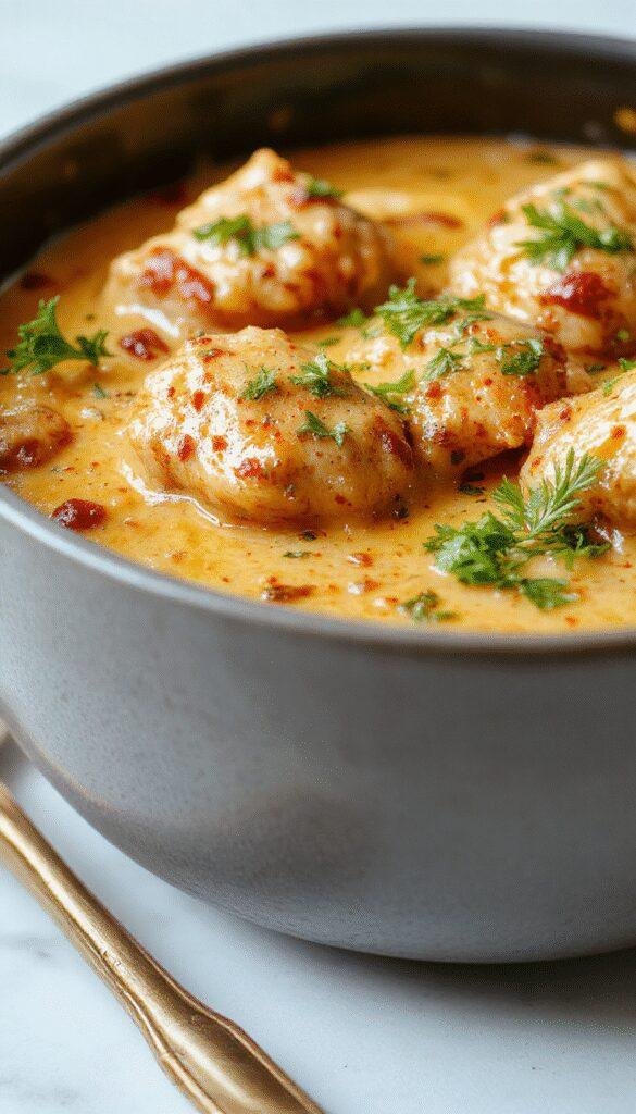 A vibrant plate of Gordon Ramsay's Creamy Chicken Tikka Masala featuring tender chicken chunks in a rich, orange curry sauce garnished with fresh herbs.