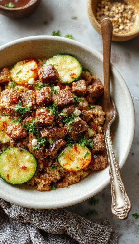 A colorful Greek-style beef and zucchini rice bowl featuring seasoned beef, zucchini slices, fresh herbs, and fluffy rice garnished with lemon wedges.