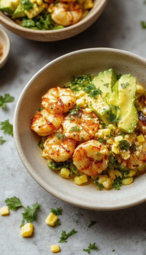 A vibrant bowl featuring grilled shrimp, creamy avocado slices, and colorful corn salsa garnished with fresh herbs.