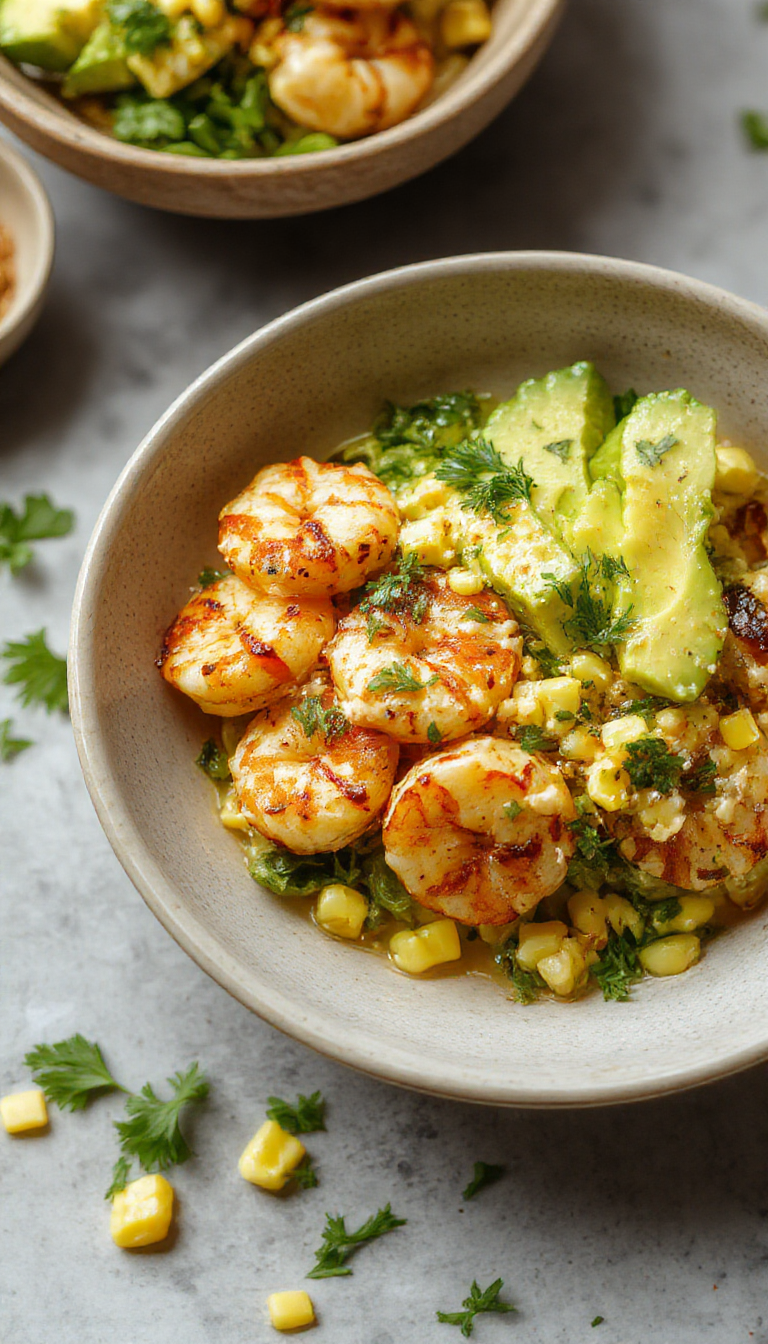 A vibrant bowl featuring grilled shrimp, creamy avocado slices, and colorful corn salsa garnished with fresh herbs.