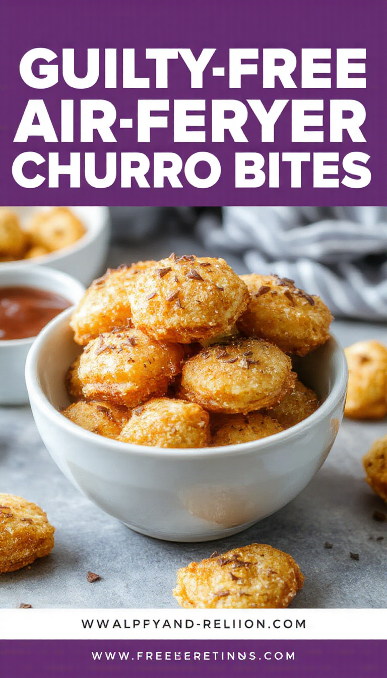 Golden brown air fryer churro bites coated with cinnamon sugar, served on a white plate with a dipping sauce.