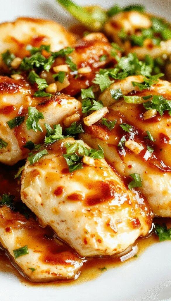 A plate of golden crispy sesame chicken garnished with sesame seeds and green onions on a white dish.