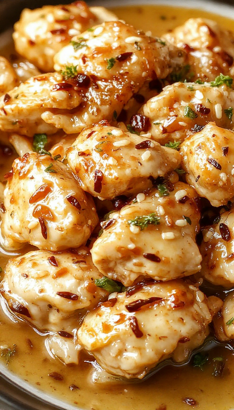 A close-up of a plate of Healthy Sesame Chicken garnished with sesame seeds and green onions, served alongside steamed vegetables.
