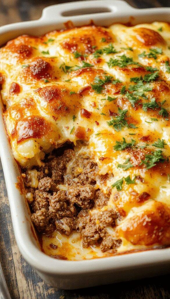 A steaming Hearty Hobo Casserole with groups of golden browned ground beef, sliced potatoes, and mixed vegetables in a rustic ovenproof dish
