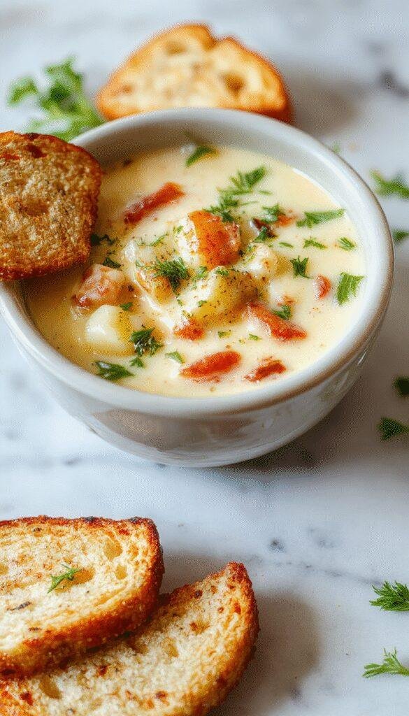 A steaming bowl of Hearty White Lasagna Soup garnished with mozzarella cheese, fresh basil, and a slice of crusty bread on the side.
