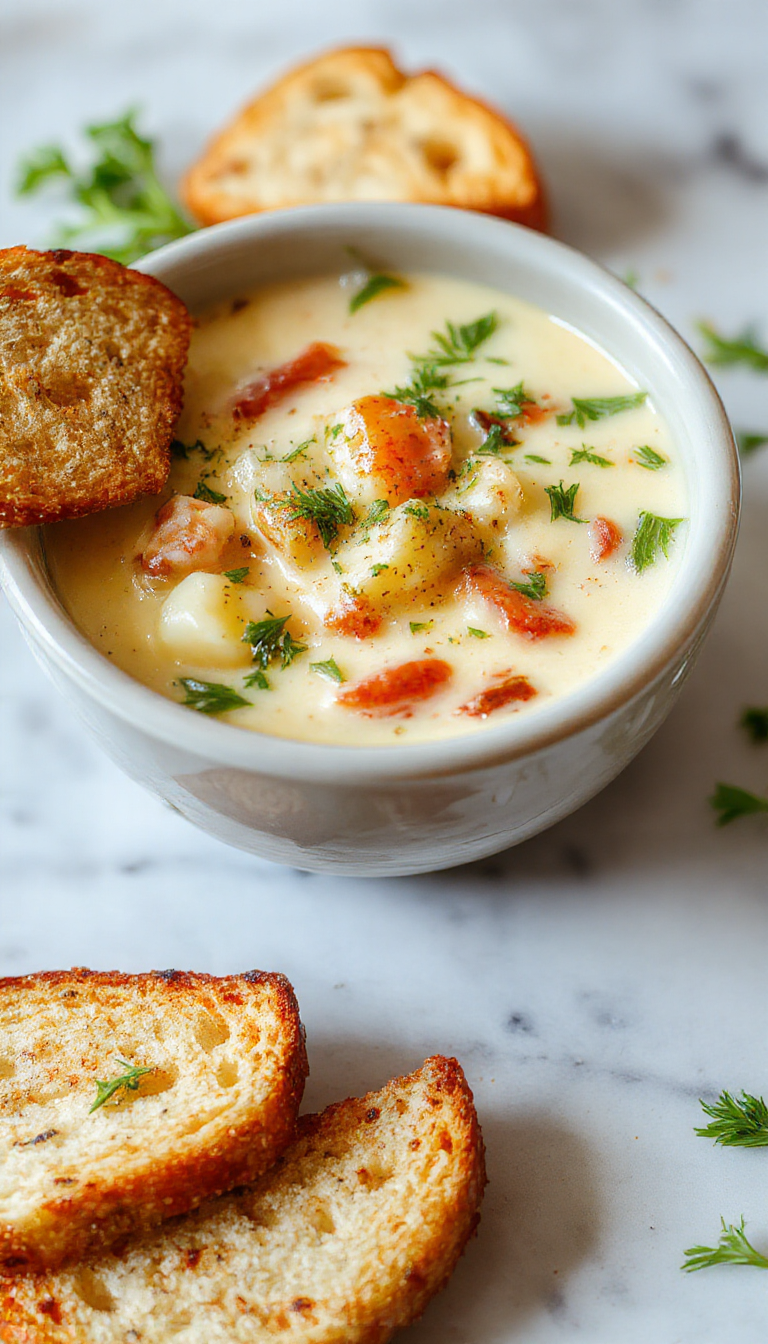 A steaming bowl of Hearty White Lasagna Soup garnished with mozzarella cheese, fresh basil, and a slice of crusty bread on the side.