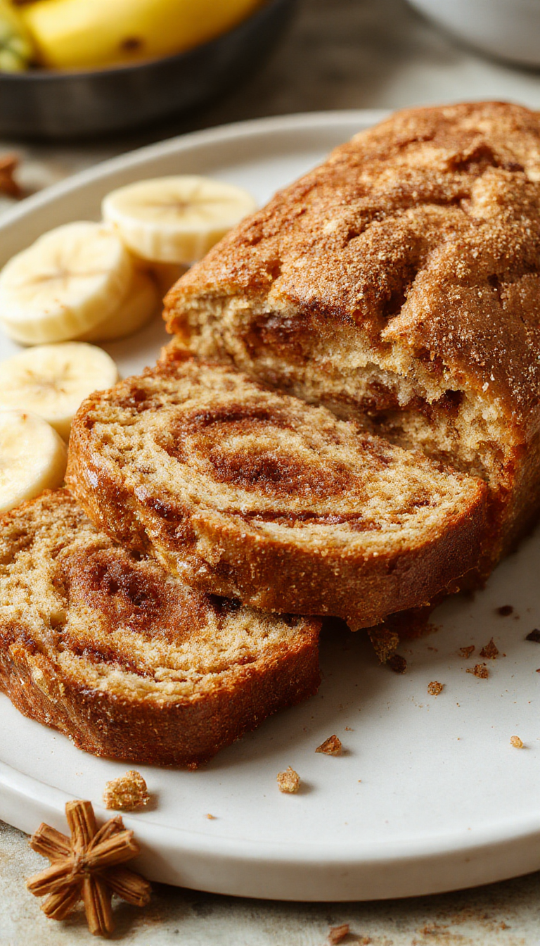 A freshly sliced homemade cinnamon swirl banana bread on a rustic wooden table, showcasing its moist interior swirled with cinnamon and banana chunks.