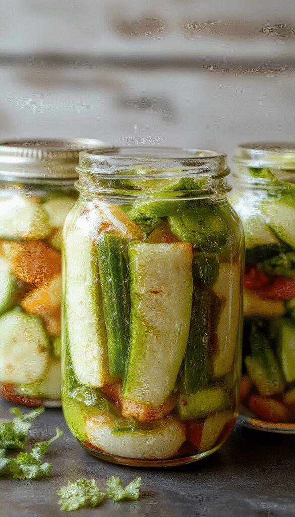 A colorful jar of homemade refrigerator pickled vegetables with vibrant carrots, cucumbers, red onions, and peppers in a clear brine.