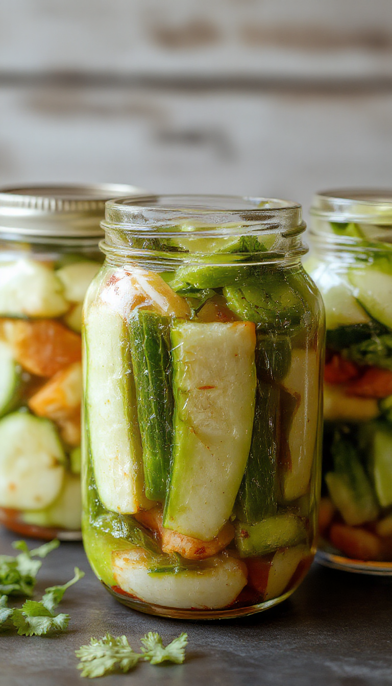 A colorful jar of homemade refrigerator pickled vegetables with vibrant carrots, cucumbers, red onions, and peppers in a clear brine.