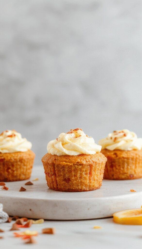 A close-up of Honey Peach Cream Cheese Cupcakes topped with fresh peach slices and a drizzle of honey, set on a decorative plate.