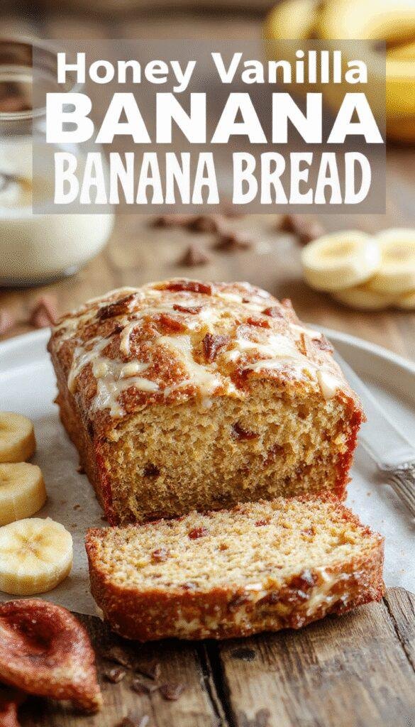 A slice of Honey Vanilla Banana Bread on a rustic wooden plate, garnished with banana slices and a drizzle of honey, showcasing its fluffy texture.