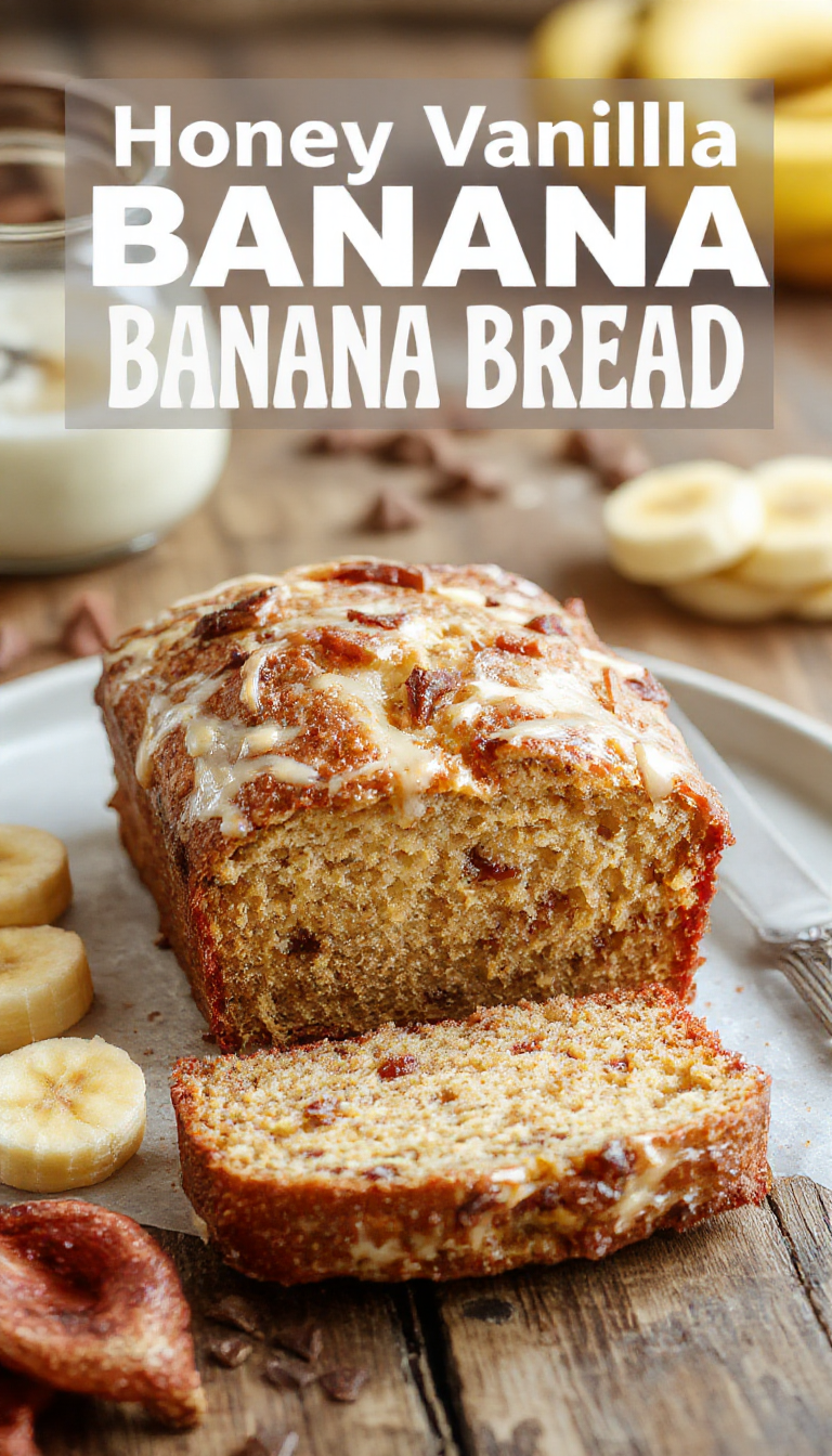 A slice of Honey Vanilla Banana Bread on a rustic wooden plate, garnished with banana slices and a drizzle of honey, showcasing its fluffy texture.