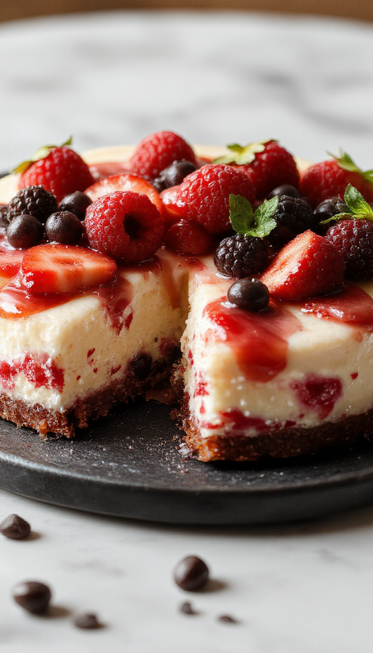 A luscious strawberry cheesecake topped with fresh strawberries and a drizzle of glaze, displayed on a decorative plate.