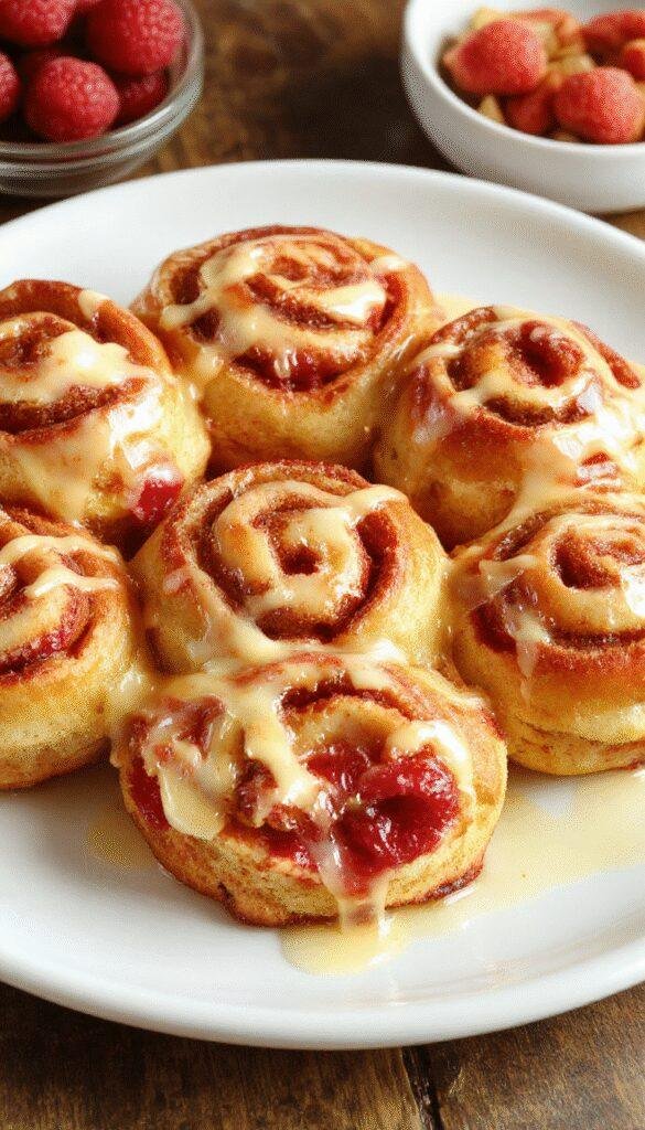 A plate of freshly baked raspberry cinnamon rolls drizzled with zesty lemon glaze, garnished with powdered sugar and fresh raspberries.