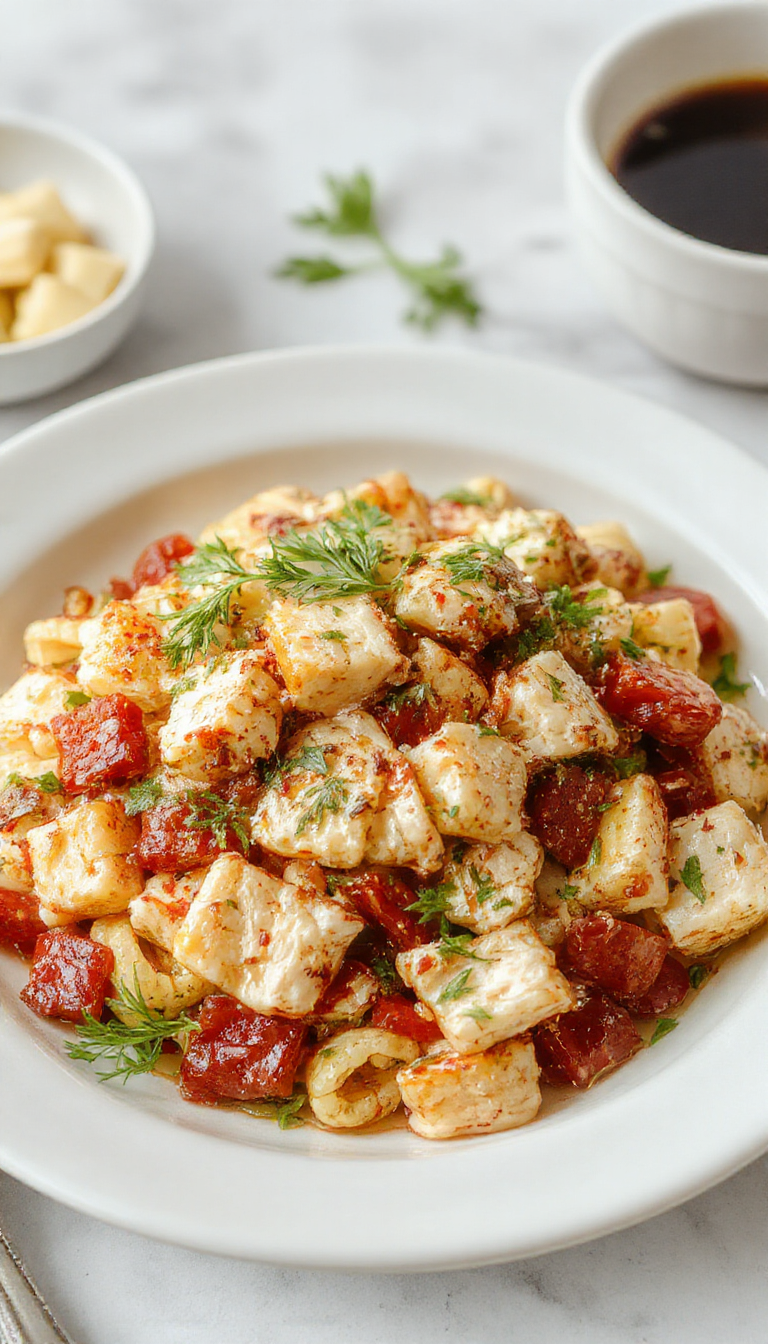 Colorful Mediterranean Chicken Pasta Salad with cherry tomatoes, olives, and fresh herbs in a bowl