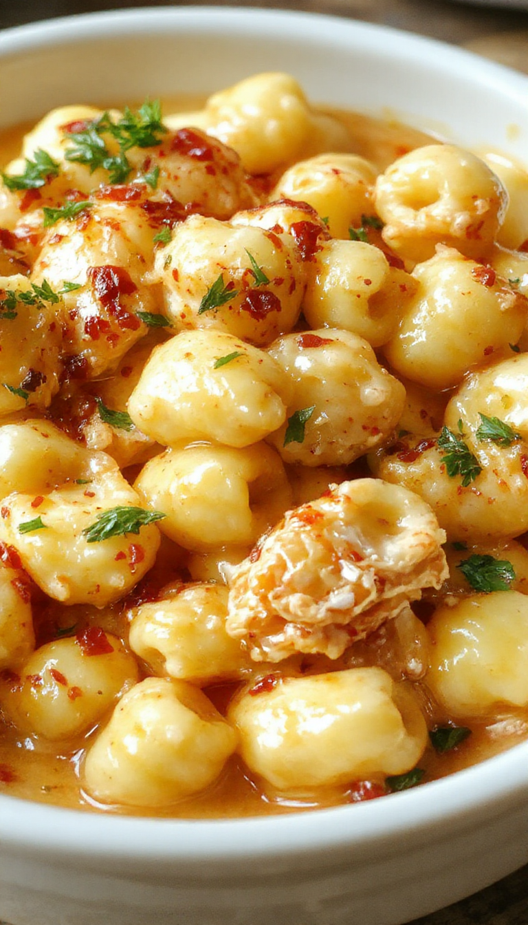 A bowl of Naomi's Sweet & Spicy Honey Pepper Chicken Mac & Cheese topped with fresh herbs and colorful peppers, showcasing a creamy and flavorful dish.