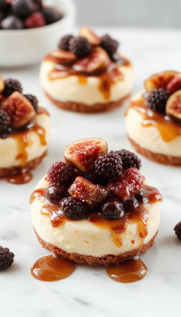 Delicious No-Bake Mikado Mini Cheesecakes topped with salted caramel, fresh blackberries, and sliced figs on a elegant serving platter
