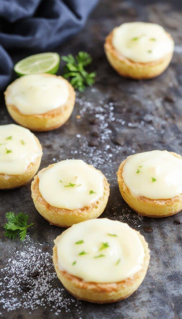 Mini no-bake key lime pies with graham cracker crusts topped with whipped cream and lime slices, arranged on a white plate.