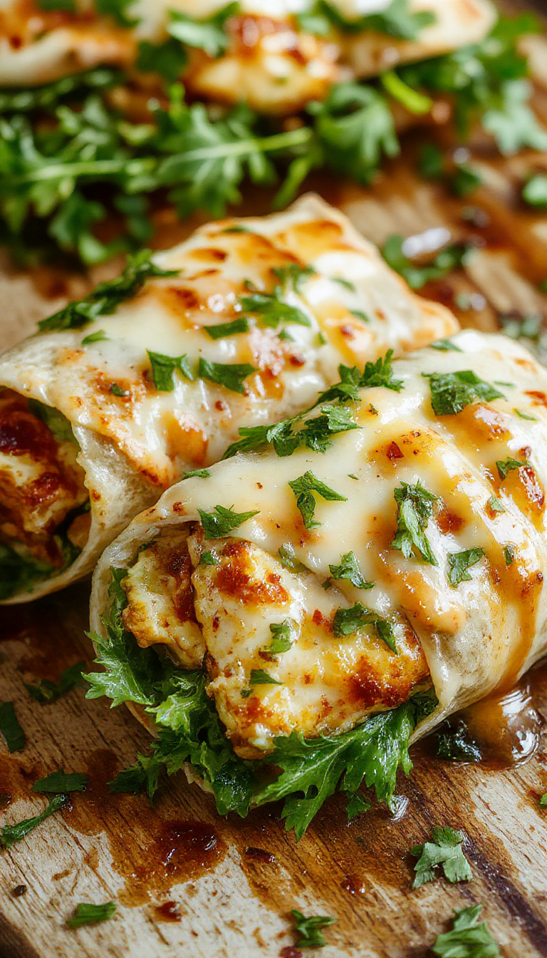 A plate of Ooey-Gooey Cheesy Garlic Chicken Wraps with melted cheese, crispy wrapper, and fresh herbs garnished on a white plate.