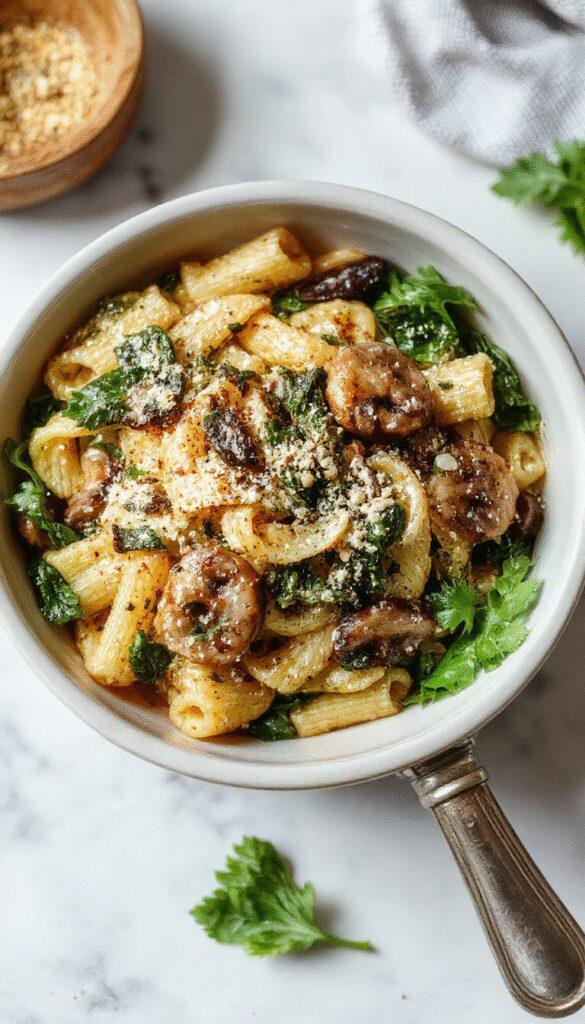 A delicious Parmesan spinach mushroom pasta skillet served in a rustic pan with fresh herbs on top