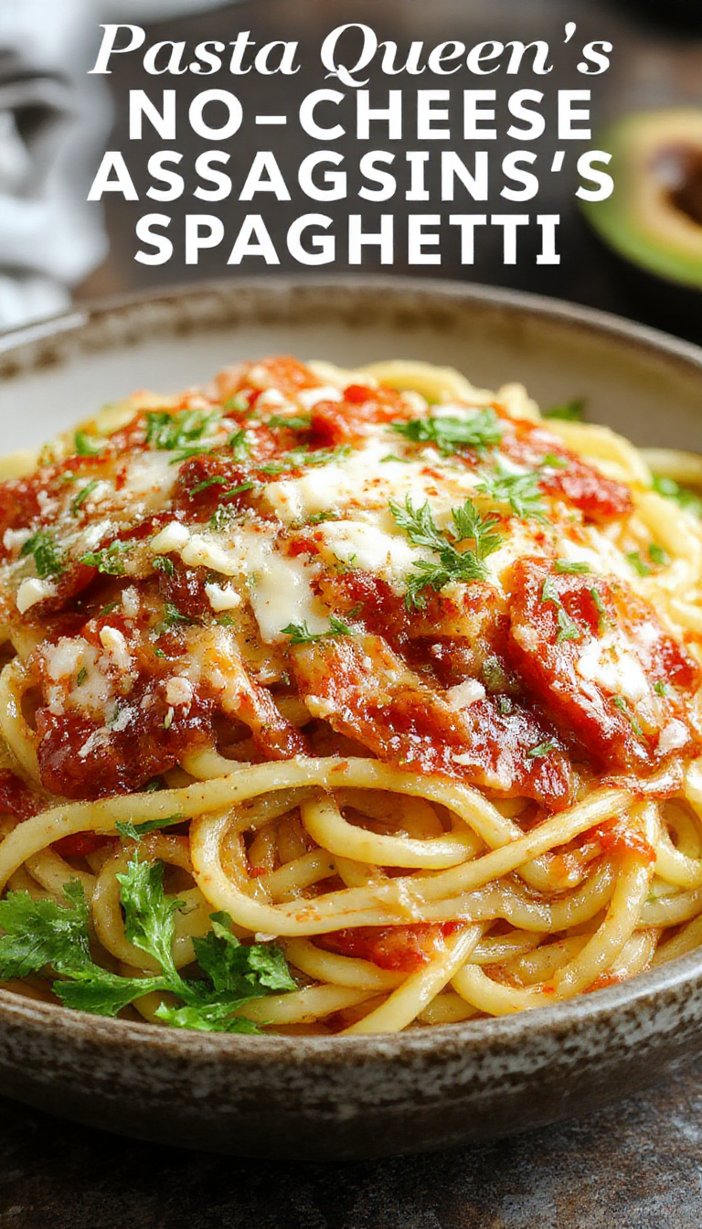 A vibrant plate of Pasta Queen's No-Cheese Assassin's Spaghetti garnished with fresh herbs, garlic, and chili flakes, served on a rustic wooden table.