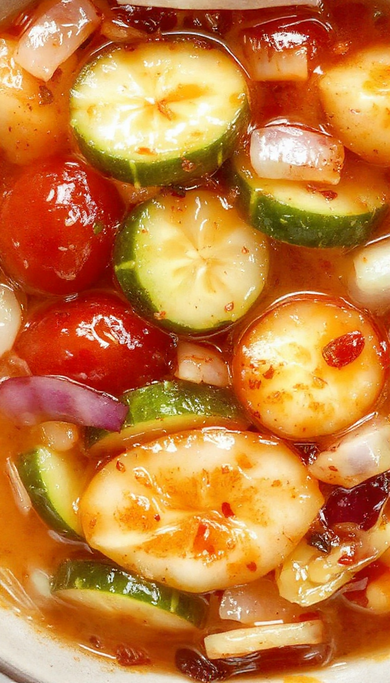 A vibrant bowl of pickled cherry tomatoes, sliced onions, and cucumbers garnished with fresh herbs, showcasing colorful textures and glossy surfaces.