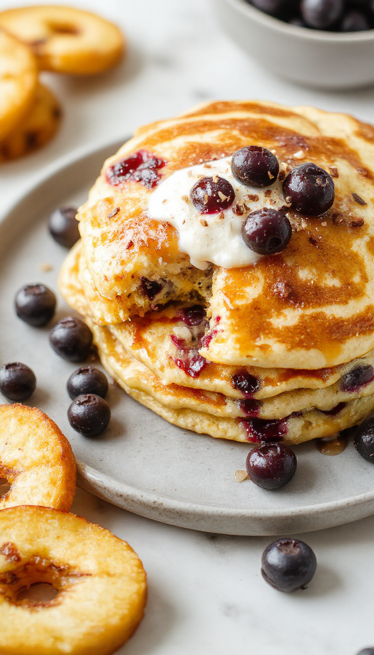 A stack of fluffy Greek yogurt protein pancakes topped with fresh blueberries and a drizzle of honey, served on a rustic wooden plate.