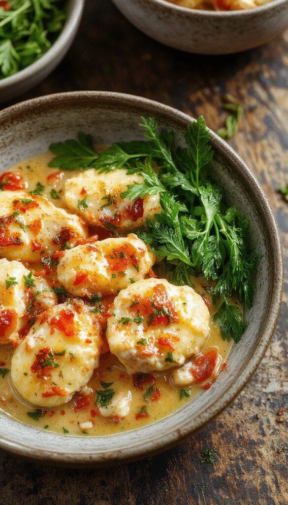 A bowl of creamy crack chicken gnocchi garnished with herbs, featuring tender gnocchi mixed with shredded chicken and a rich, cheesy sauce.