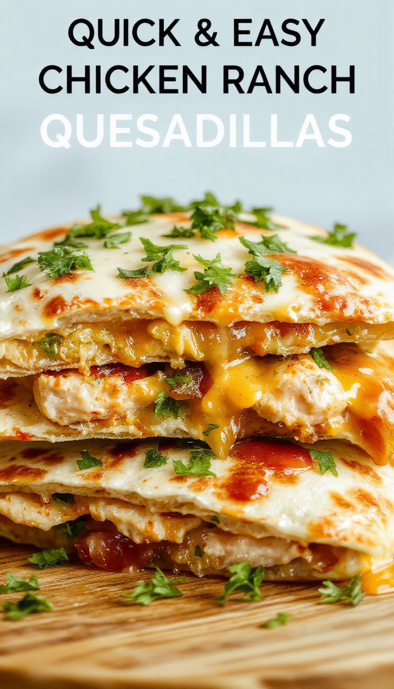 A crispy chicken bacon ranch quesadilla sliced open revealing melted cheese, chunks of tender chicken, crispy bacon strips, and a creamy ranch drizzle.