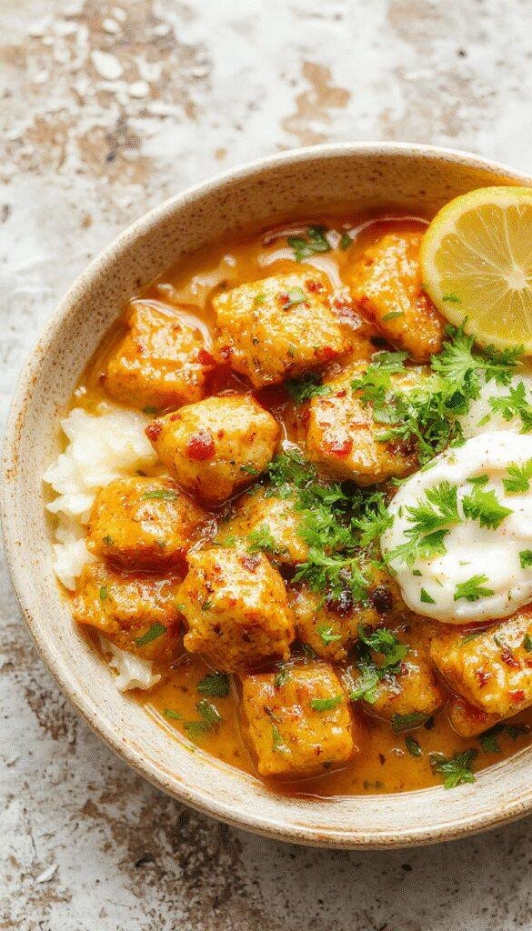 A plate of creamy homemade butter chicken garnished with fresh cilantro, served with naan and basmati rice on a vibrant table.