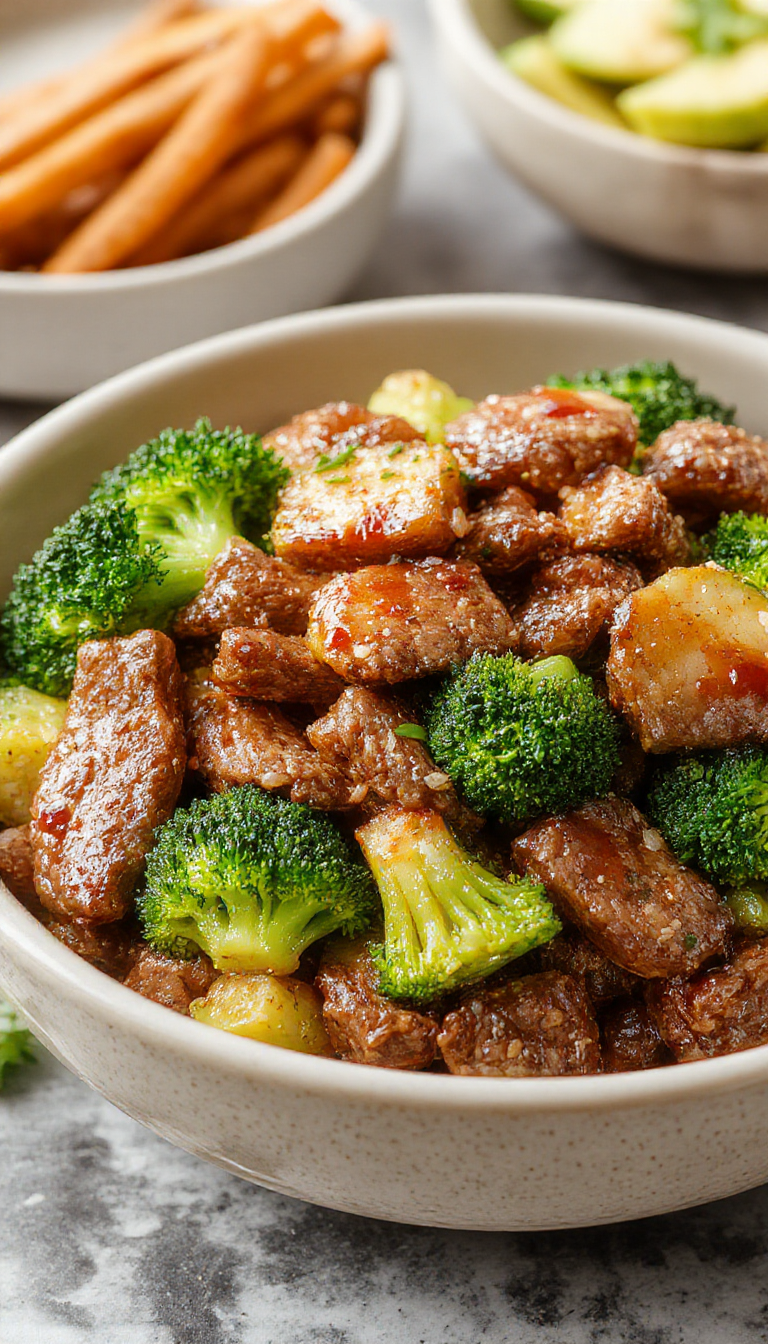 A colorful plate of Quick & Easy Honey Garlic Ground Beef and Broccoli Stir-Fry featuring sautéed beef, vibrant broccoli florets, and a glossy sauce.