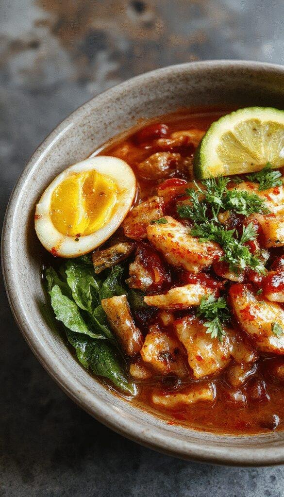 A bowl of vibrant vegan ramen noodles topped with fresh vegetables and a rich, savory broth.