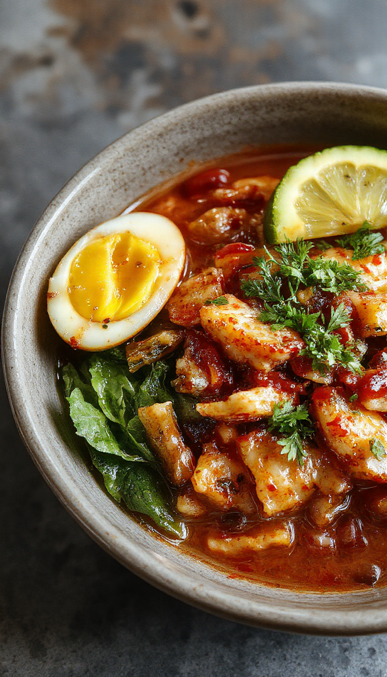 A bowl of vibrant vegan ramen noodles topped with fresh vegetables and a rich, savory broth.