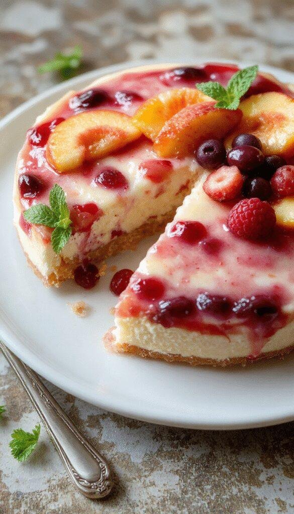 A vibrant no-bake summer berry and peach cheesecake on a decorative plate, topped with fresh berries and peach slices with mint garnishes.