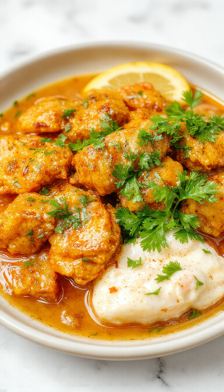 A plate of creamy homemade butter chicken garnished with fresh herbs and served with rice.