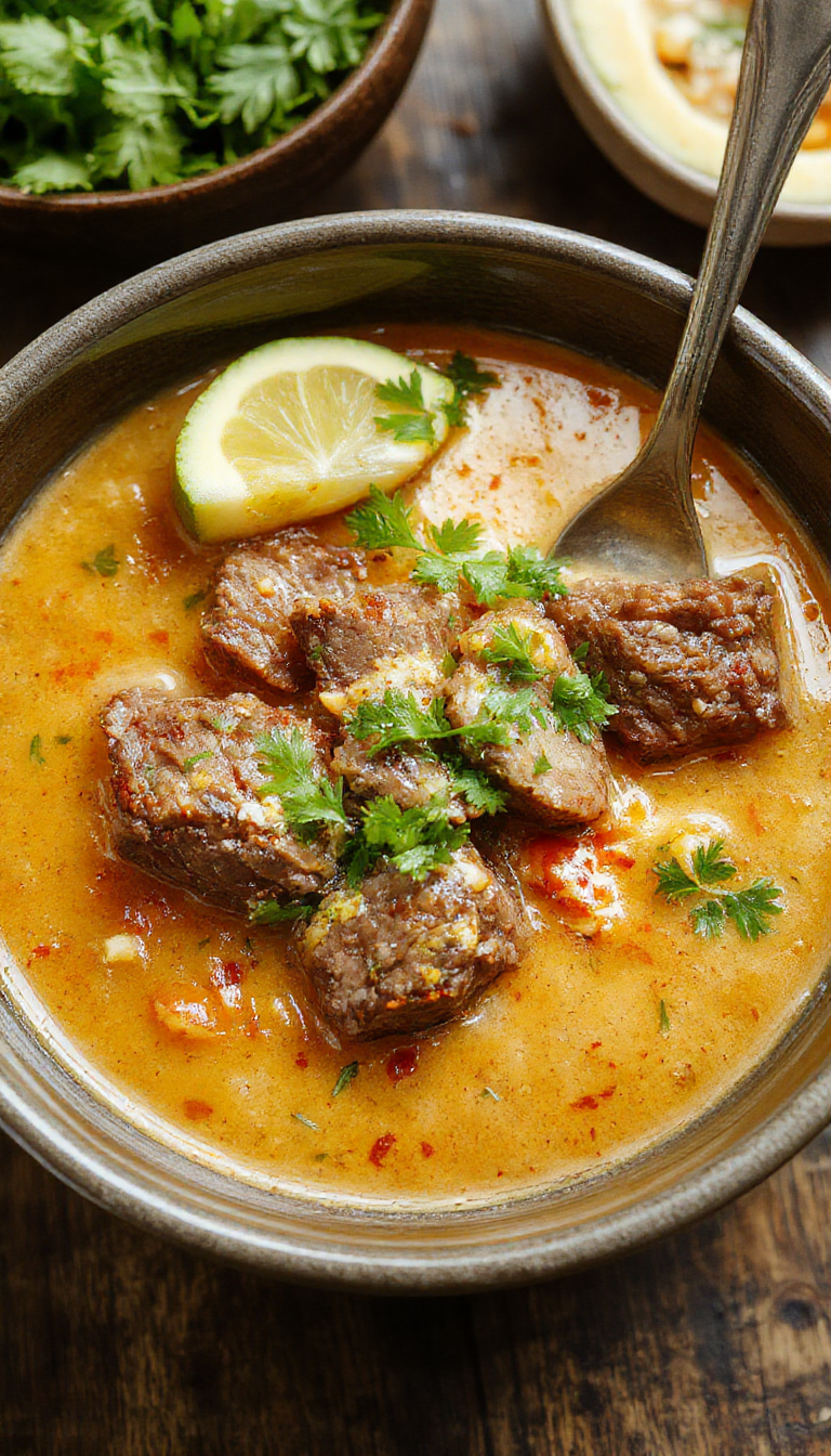 A steaming bowl of Slow Cooker Beef Coconut Curry garnished with fresh cilantro and served with rice, showcasing tender beef chunks in a rich coconut sauce.