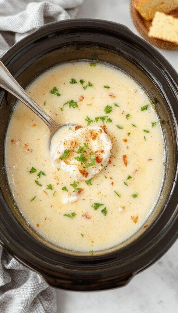 A warm bowl of Slow Cooker Keto Chicken Cream Cheese Soup garnished with fresh herbs, surrounded by cooked chicken and vegetables in a cozy kitchen setting.