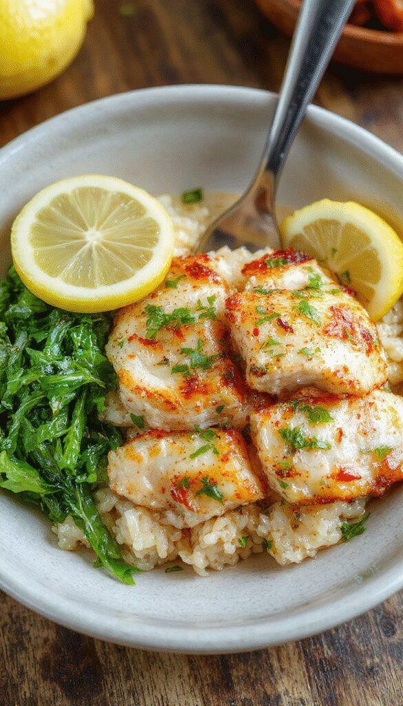 A delicious plate of Slow Cooker Lemon Herb Chicken and Rice garnished with fresh herbs and lemon slices, served on a white ceramic plate.