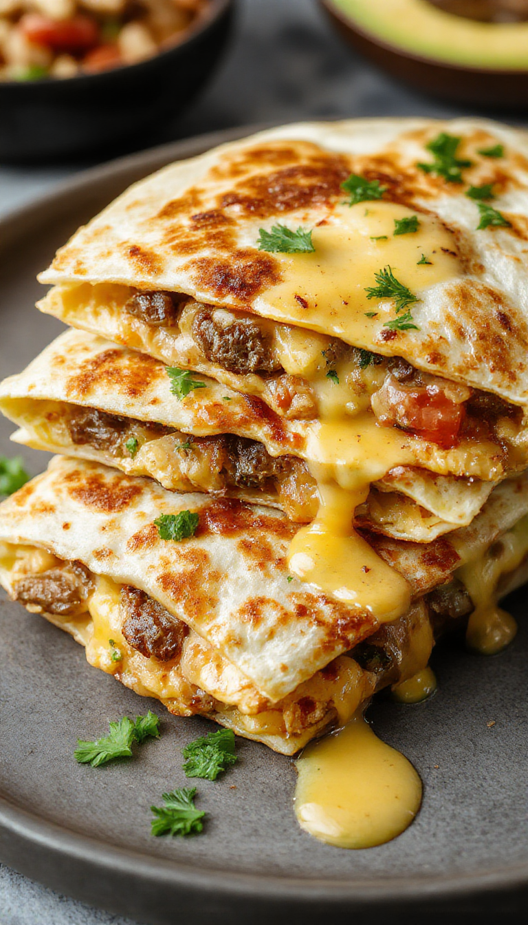 Crispy smashburger quesadillas filled with melted cheese and savory beef, served on a plate with fresh toppings showcasing a quick and delicious dinner.