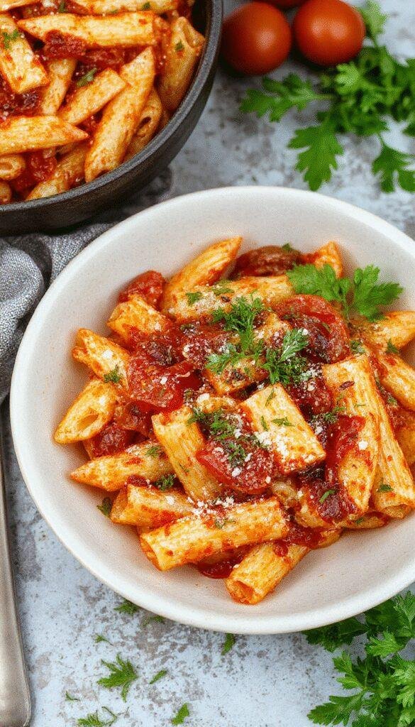 A vibrant plate of Spicy Arrabiata Penne pasta garnished with fresh basil and sprinkled with grated cheese, showcasing a fiery red sauce coating the pasta.