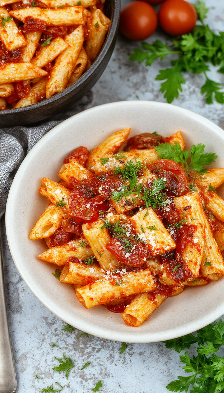 A vibrant plate of Spicy Arrabiata Penne pasta garnished with fresh basil and sprinkled with grated cheese, showcasing a fiery red sauce coating the pasta.
