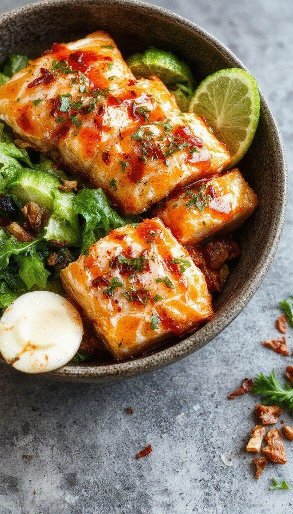 A vibrant bowl of spicy honey sriracha salmon served over rice with fresh vegetables and garnished with sesame seeds.