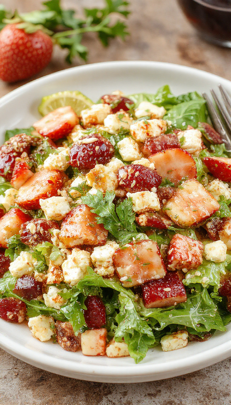 A vibrant bowl of Strawberry Crunch Salad topped with fresh strawberries, crunchy granola, and drizzled with sparkling Champagne vinaigrette.
