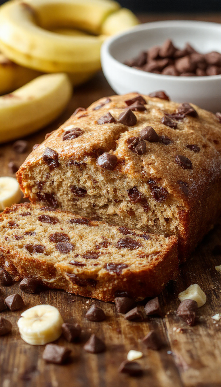 A slice of Super Moist Chocolate Chip Banana Bread on a white plate, showing a rich, gooey interior filled with chocolate chips and ripe banana slices.