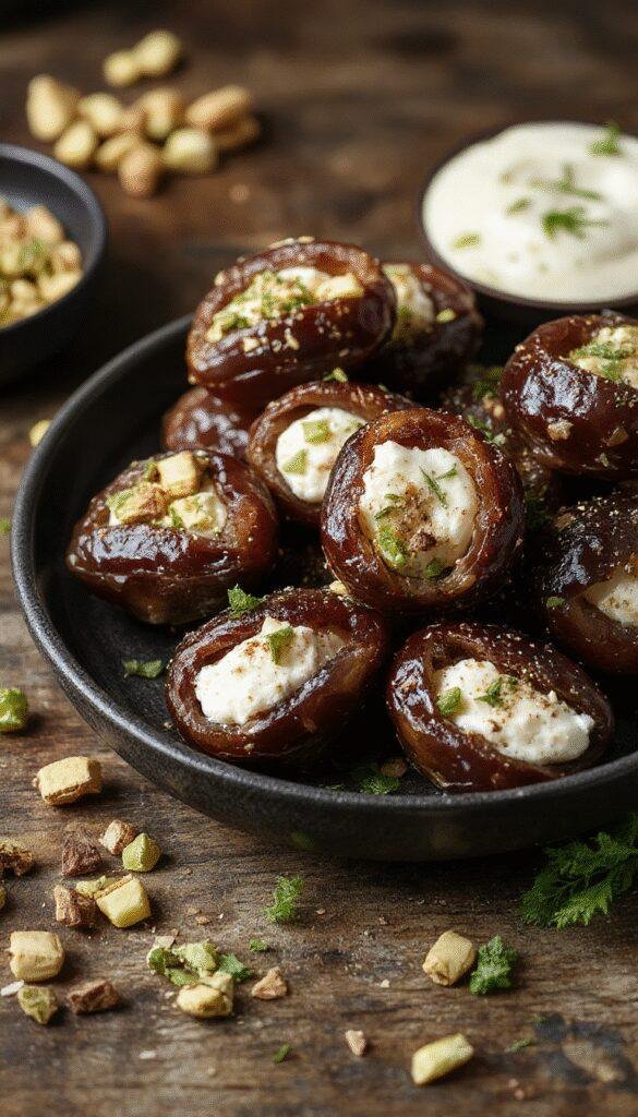 A close-up of plump dates filled with creamy ricotta cheese, sprinkled with chopped pistachios and drizzled with honey, resting on a rustic wooden surface.
